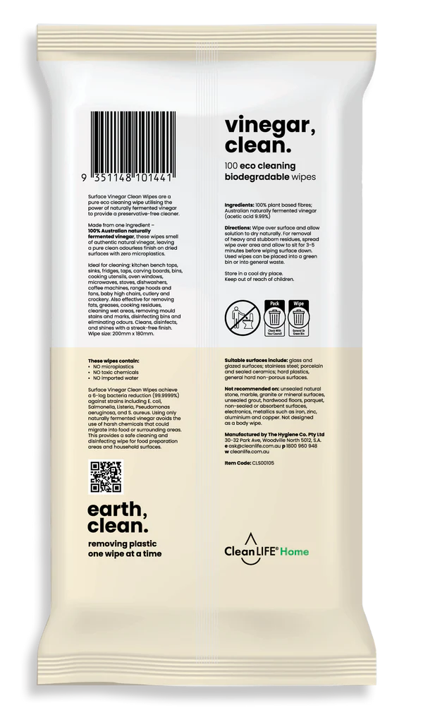 Cleanlife Vinegar Clean Surface Wipes 100pk